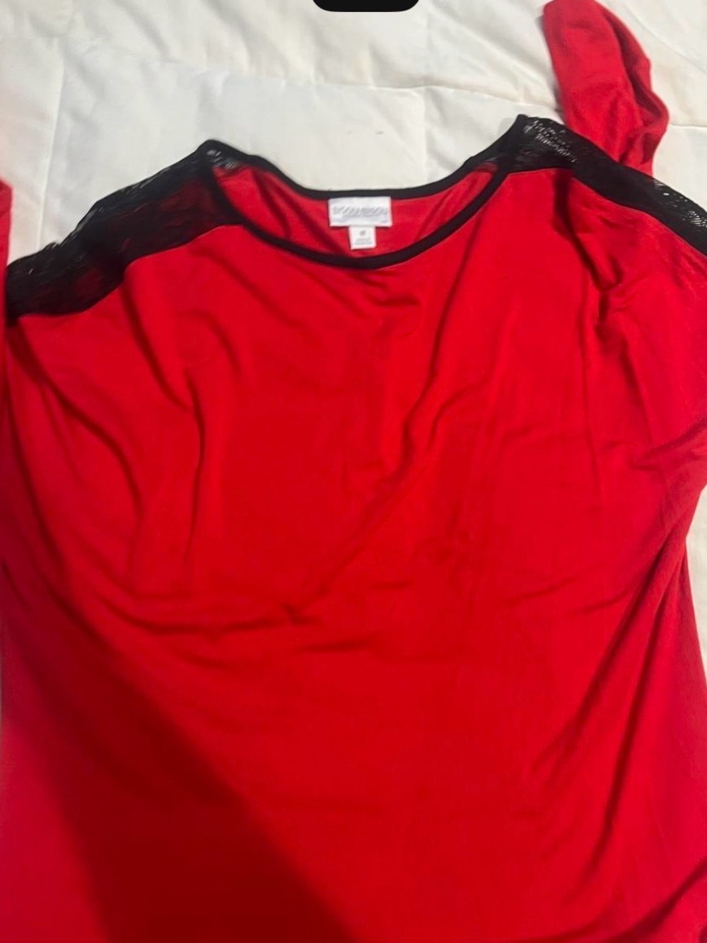 Bisou Bisou Red Top with Black Lace Shoulder Trim